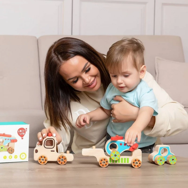 Дървен автовоз, Lucy&Leo - с количка и хеликоптер